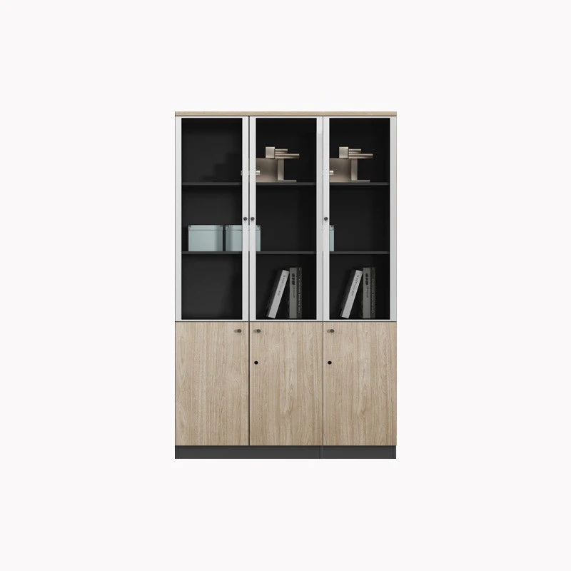 Three Door Top Glass Contemporary Wood and Glass File Cabinet with Sleek Lines