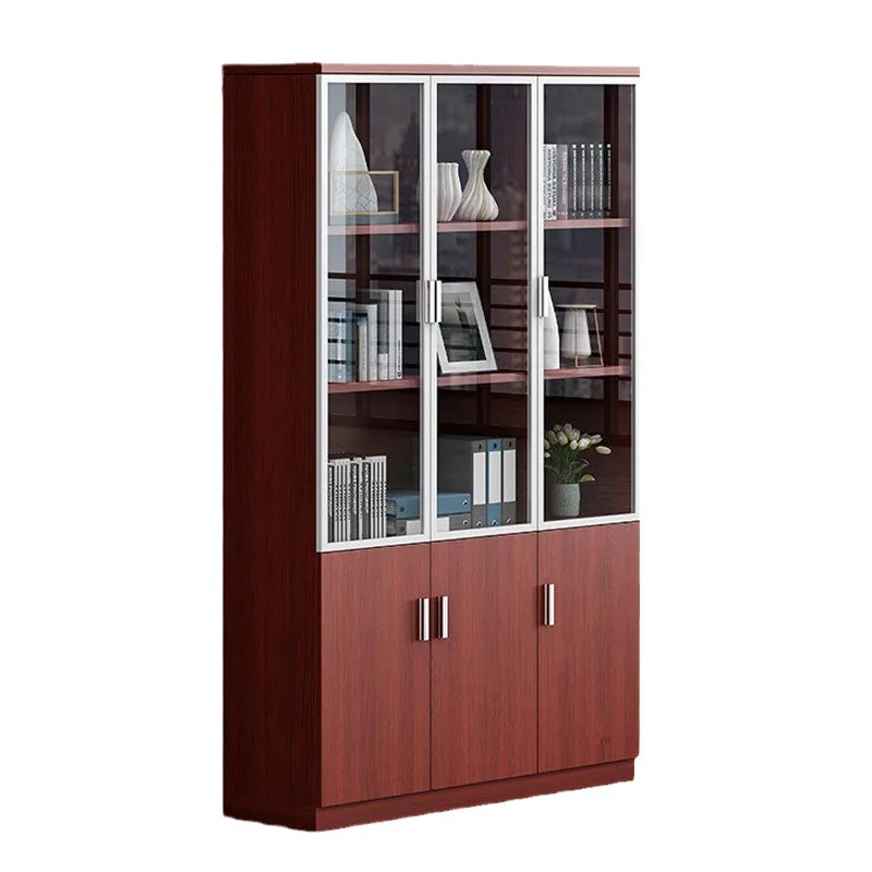 Highly Functional File Cabinet in Wood Veneer and Glass Combination Three Door Top Glass
