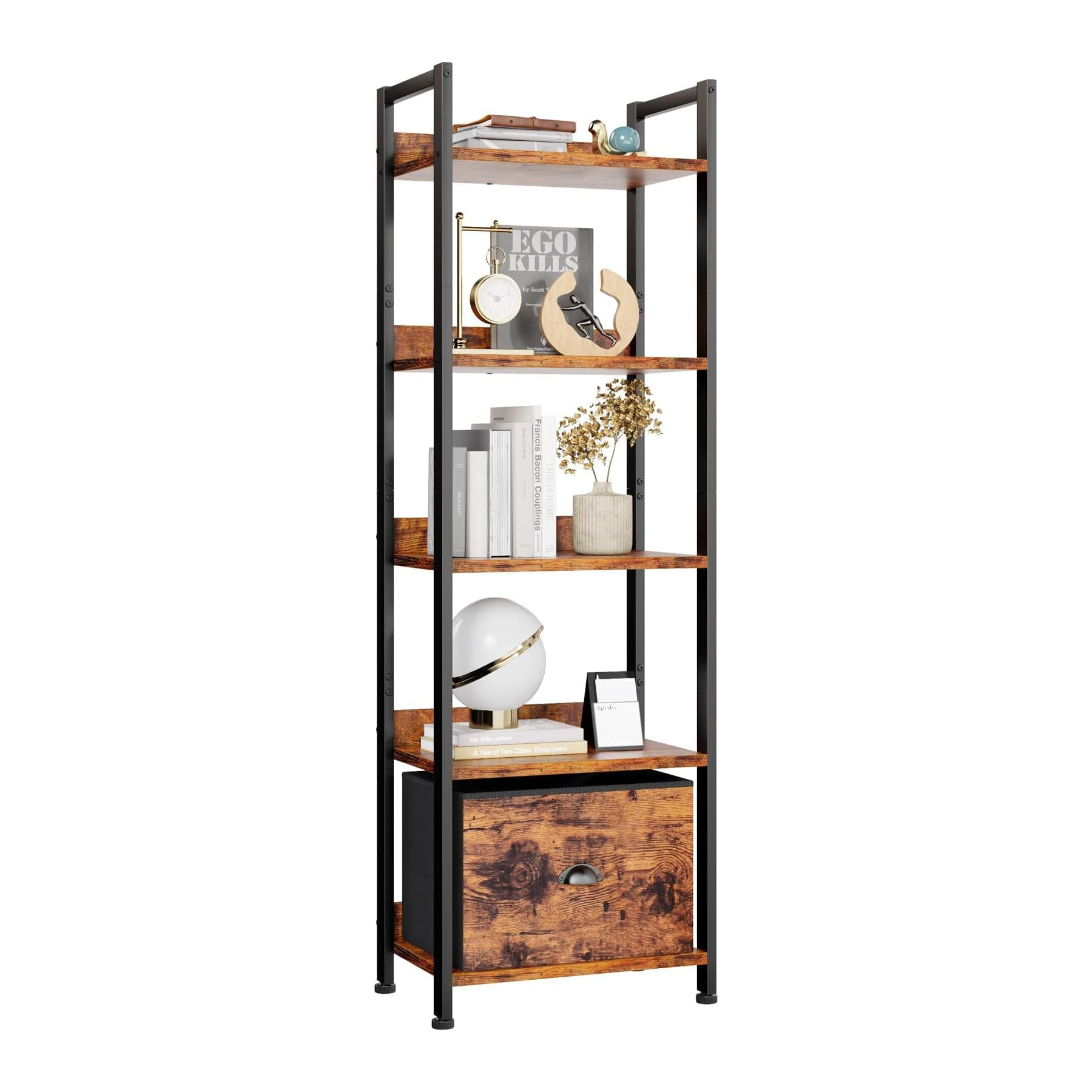 Five-tier Bookshelf with Drawers, Wooden Tall and Narrow Antique Storage